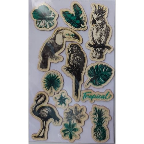12 Stickers En Bois Décoré - Thème Oiseaux Plantes Tropiques - Scrapbooking, Carterie, Décoration...