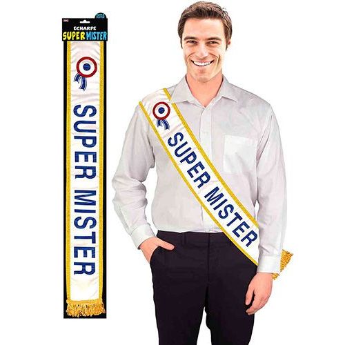 Echarpe Super Mister - Satinée Design Pailleté Bordure Dorée - Taille Unique - Humour Fête Gadget