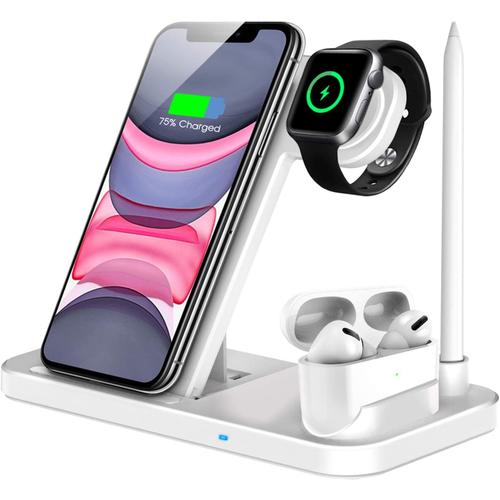 Chargeur Sans Fil, Station De Charge Rapide Certifiée Qi 4 En 1 Compatible Apple Watch Airpods Pro Iphone Samsung Xiaomi, Support De Charge Sans Fil Compatible-Blanc