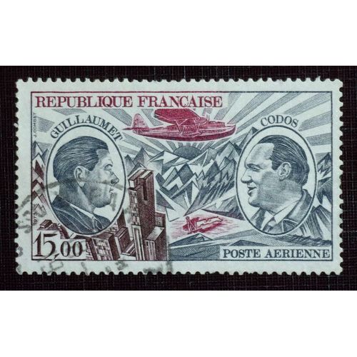 France Poste Aérienne N° 48 Oblitéré De 1973 - 15f00 Gris-Bleu, Carmin Et Violet-Brun « Guillaumet Et Codos, Pionniers De La Poste Aérienne »