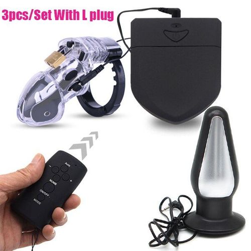 Civière De Boule De Cage De Coq De Chasteté Masculine De Choc Électrique À Distance Sans Fil, Outil De Sexe De Bdsm De Grand Plug Anal D'électro Stimulation L Plug Clear 1 Set