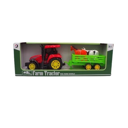Jouet - Tracteur Avec Remorque Et 2 Animaux - Rouge - 32 Cm
