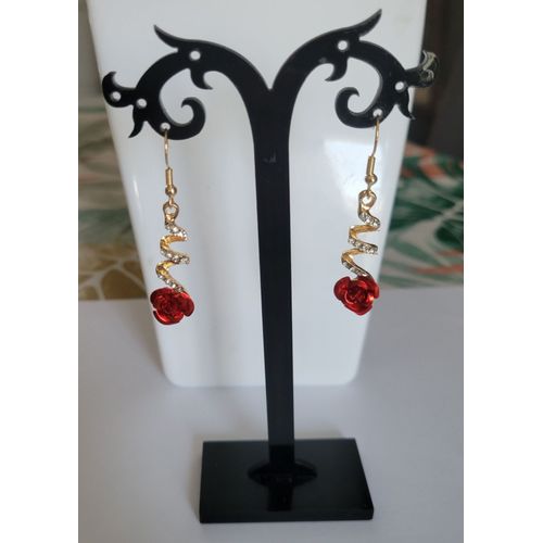 Boucles D'oreilles Zig Zag Rose Rouge Et Strass !