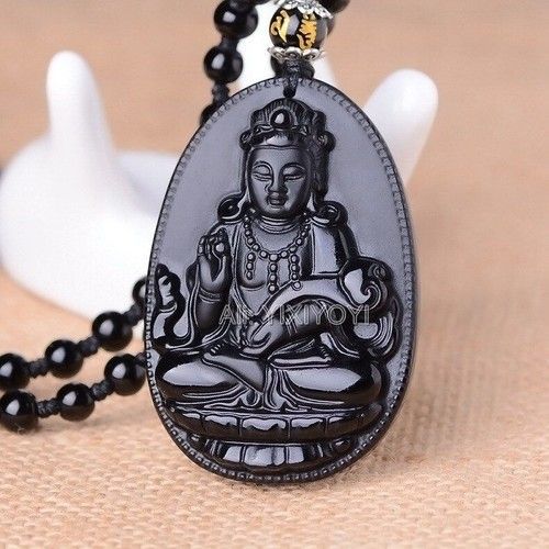 Amulette Porte-Bonheur En Obsidienne Noire Naturelle Sculptée, Collier De Perles, Cadeau, Bouddha, Ruyi Guanyin, Chinois