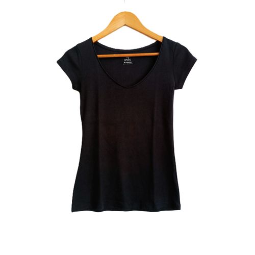 T Shirt Noir. Col V. Manches Courtes. Camaieu. Coton. Elasthanne. Taille S
