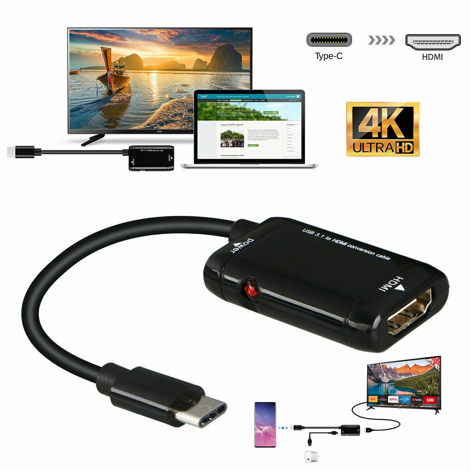 Adaptateur USB-C Type C vers HDMI, cble USB 3.1 pour tlph...