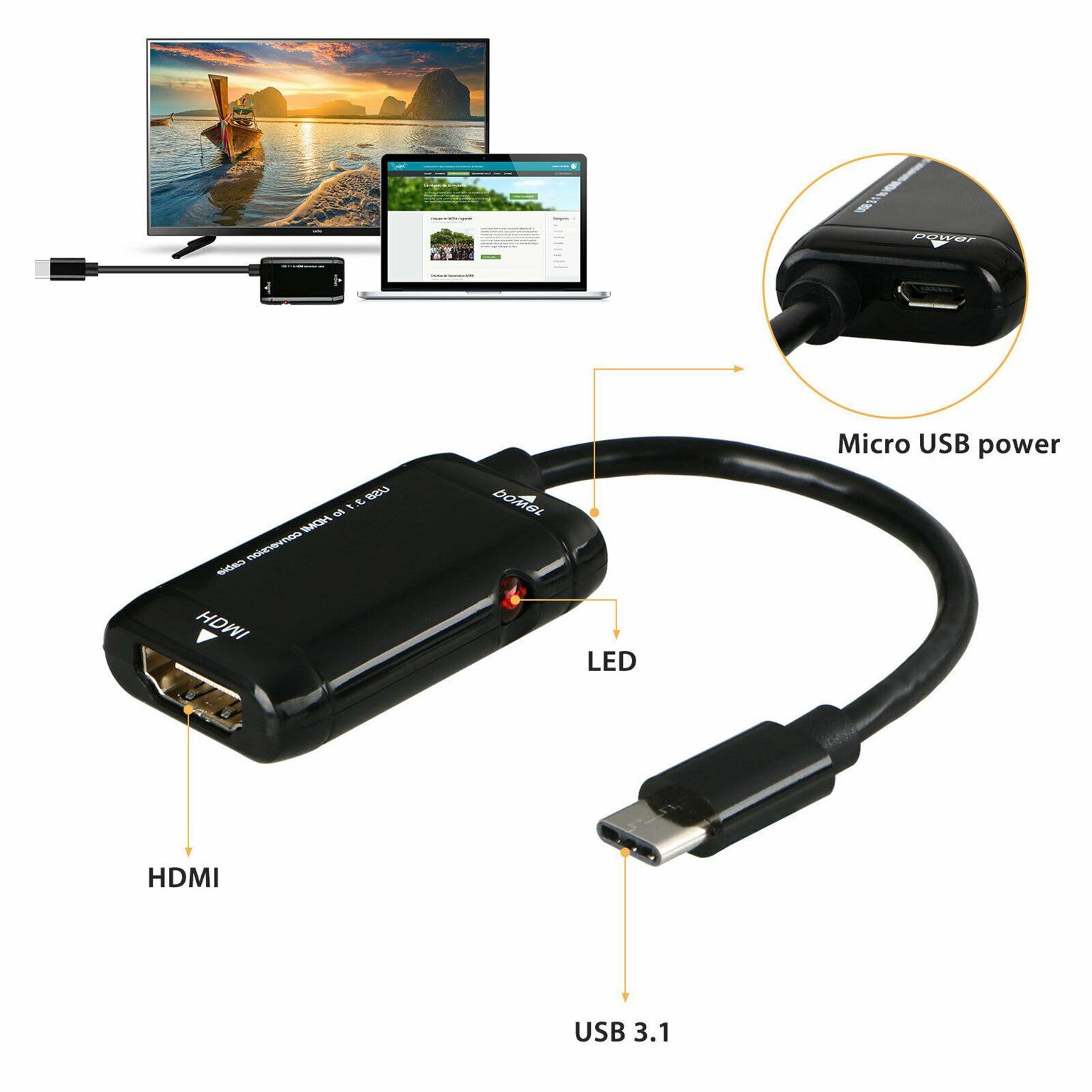 Adaptateur USB-C Type C vers HDMI, cble USB 3.1 pour tlph... - 4