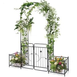 Costway Arche De Jardin Pour Plantes Grimpantes H 220cm-En Treillis Métallique-Portail Verrouillable-Jardinières Latérales-2 Portes