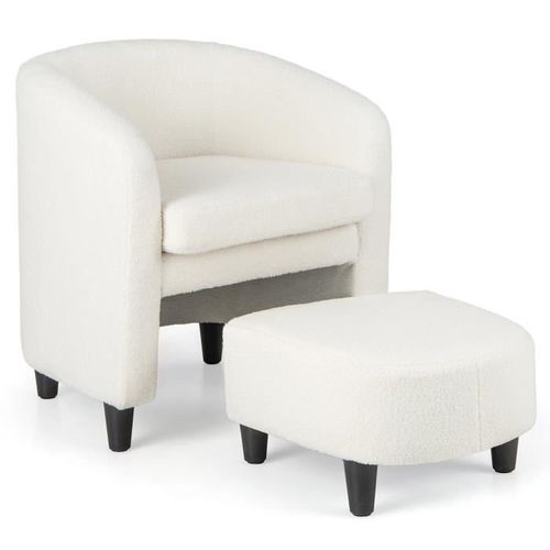 Costway Ensemble Fauteuil Rembourré Avec Repose-Pieds, Cadre En Bois Massif, Taille Du Siège 51 X 48 Cm, Pour Salon, Bureau, Beige