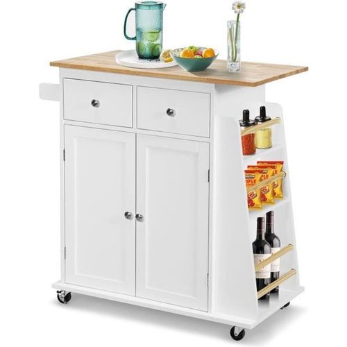 Costway Desserte De Cuisine Sur Roulettes Avec Plateau En Bois D'hévéa Îlot Chariot De Service Avec Porte-Épices Et Tiroirs Blanc