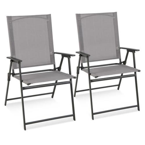 Costway Lot De 2 Chaises De Jardin Pliantes En Textilène & Métal Charge 150 Kg Fauteuil De Jardin Avec Verrouillage De Sécurité Gris