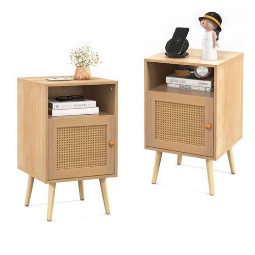 Costway Lot De 2 Table De Chevet Avec À Porte Cannage Et Pieds En Bois Massif, Table D'appoint Pour Chambre, Salon 40 X 39 X 70 Cm