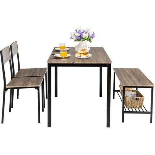 Costway Ensemble Table Et 2 Chaise 1 Banc - 4 Personnes, Industriel, Structure En Métal Pour Salle À Manger, Restaurant, Cuisine