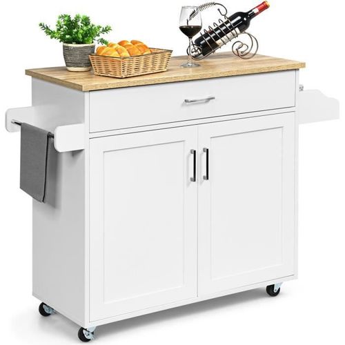 Costway Desserte De Cuisine, Bîlot De Cuisine À Roulettes Avec Grand Placard, Tiroir, Porte-Epices Et Porte-Serviettes Blanc