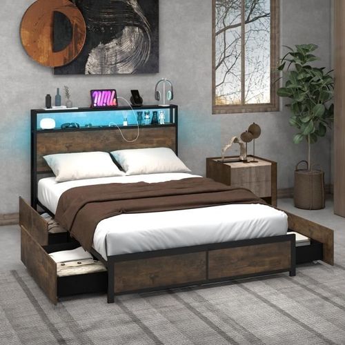 Costway Lit Double Industriel Pour Adulte 140x200cm - Contrôle Par App, Lumineuse Led, Bluetooth, Prise De Courant, Tiroirs En Tissu