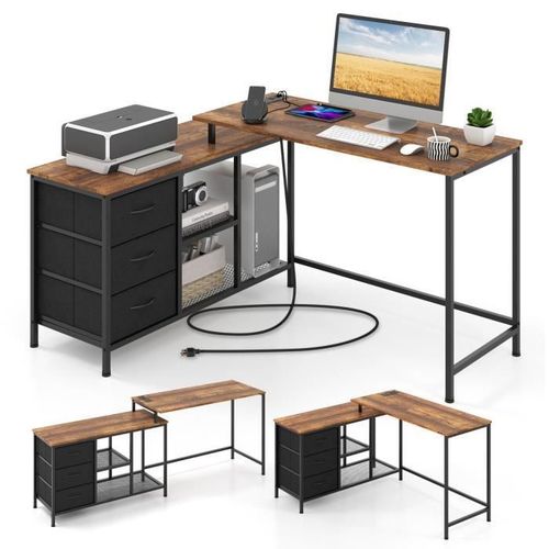 Costway Bureau D'angle Convertible Avec Prise De Courant, 3 Tiroirs En Tissu Et Étagères En Maille Métallique, Marron
