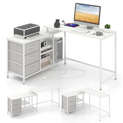 Costway Bureau D'angle Convertible Avec Prise De Courant, 3 Tiroirs En Tissu Et Étagères En Maille Métallique, Blanc