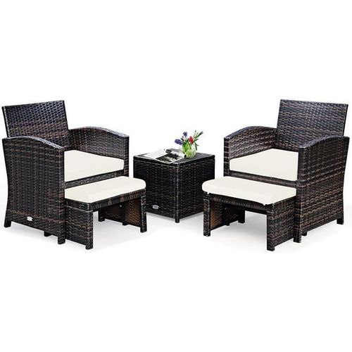 Costway Salon De Jardin Extérieur 5pcs En Resine - 2 Chaises,1 Table,2 Tabourets,4 Coussins Anti-Uv Pour Balcon Marron+Blanc