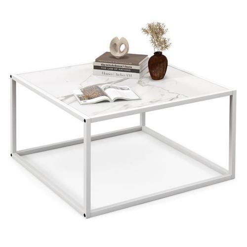 Costway Table Basse Carrée Moderne, 70 X 70 X 40 Cm, Avec Dessus De Table En Faux Marbre, Structure En Acier Blanc