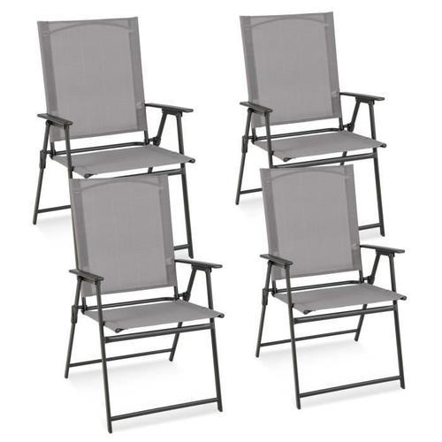 Costway Lot De 4 Chaises De Jardin Pliantes En Textilène & Métal Charge 150 Kg Fauteuil De Jardin Avec Verrouillage De Sécurité Gris