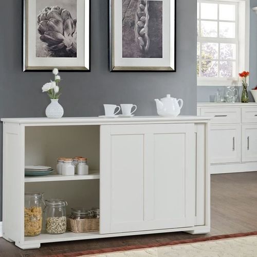 Buffet Bas Contemporain - Bahut Vaisselier - Laqué Blanc Brillant - Portes Coulissantes - 2 Etagères En Mdf