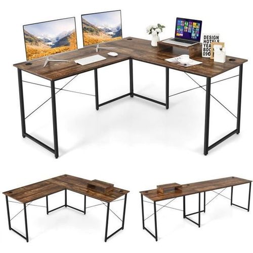 Costway Bureau D'angle - 150 X 150 X 74 Cm - Ajustable À Bureau Droit, Grand Table Pour 2 Personnes Brun Rustique