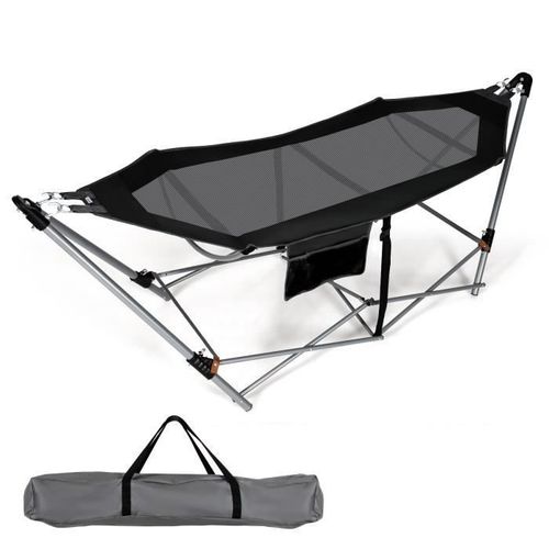 Costway Hamac Sur Pied, Hamac Pliant Avec Support Métallique Et Tissu D¿Oxford, Poche Latérale, 150kg, 227 X 82 X 89 Cm, Noir