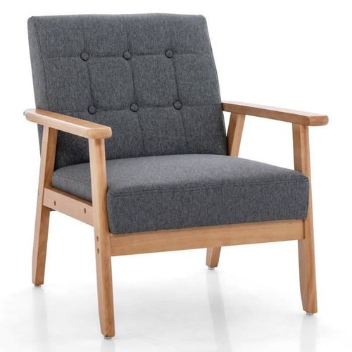Costway Fauteuil D'accent Rembourré Boutonné Avec Tissu En Lin Respirant & Cadre En Bois Massif De Hévéa, 72 X 65 X 76 Cm, Gris