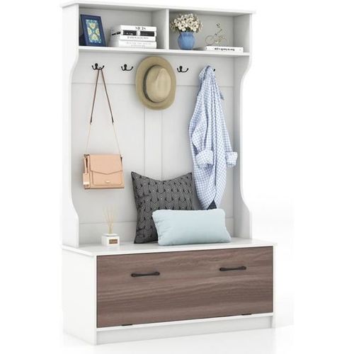 Costway Meuble D'entrée Avec Porte Manteaux, Armoire À Chaussures, Banc Et 2 Compartiments De Rangement 100 X 40 X 160 Cm Blanc
