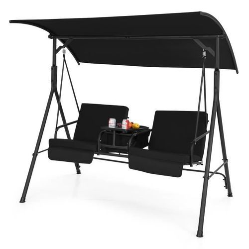 Balancelle Jardin Pour 2 Places Costway-Auvent Réglable À 240°-Sac Isotherme-Plateau Rotatif 360°-Coussins Amovibles-120kg-Noir