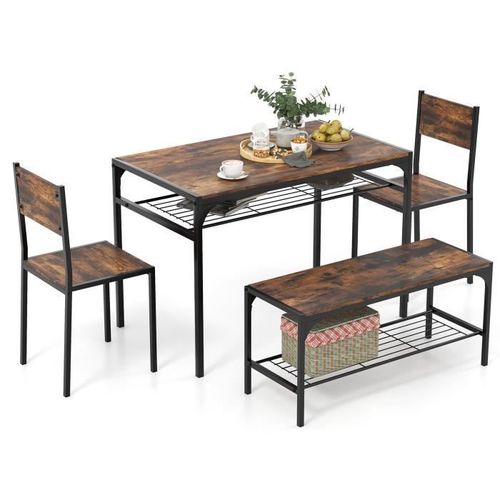 Costway Ensemble Table À Manger-1 Banc&2 Chaises Pour 4 Personnes, Avec Étagère De Rangement, Cadre En Métal, Marron