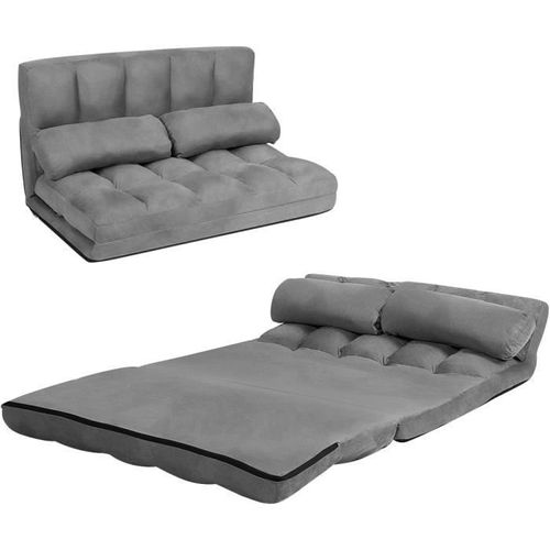 Costway Canapé Lit / Chauffeuse Convertible, Dossier Réglable 6 Positions, 2 Coussins, Tissu Aspect Suédé Détachable Et Lavable Gris