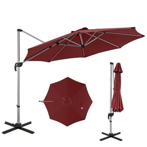 Costway Parasol Déporté Inclinable Dia.339x260cm Avec Base Croisée Rotation À 360°Manivelle, 8 Baleines Pour Terrasse Jardin Rouge