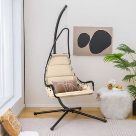Costway Chaise Hamac Avec Support, Chaise Balançoire De Patio Avec Siège Rembourré, Chaise Suspendue Intérieure Extérieure, Beige