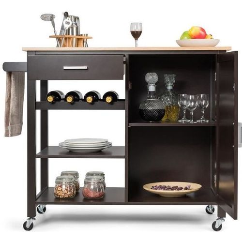 Costway Desserte/Chariot De Cuisine À Roulettes - 100 X 48 X 90 Cm - Îlot De Cuisine - Tiroir - Placard - Porte-Serviettes - Marron