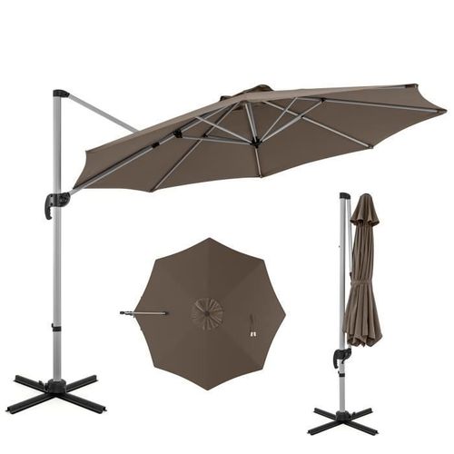 Costway Parasol Déporté Inclinable Dia.339x260cm Avec Base Croisée Rotation À 360°Manivelle, 8 Baleines Pour Terrasse Jardin Marron