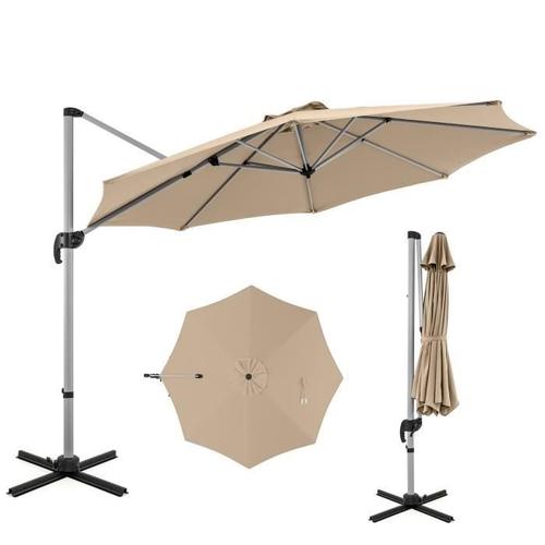 Costway Parasol Déporté Inclinable Dia.339x260cm Avec Base Croisée Rotation À 360°Manivelle, 8 Baleines Pour Terrasse Jardin Beige