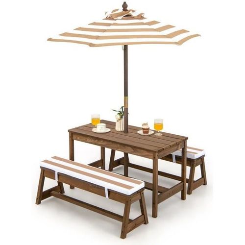 Costway Table Et 2 Bancs De Jardin Avec Parasol Et Coussins En Sapin Table De Pique-Nique Pour 4 Enfants Beige-Blanc Rayé