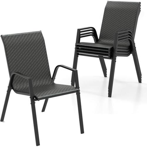 Costway Lot De 4 Chaises De Jardin En Rotin Avec Dossier Et Accoudoirs, Cadre En Métal, Charge 150 Kg, Pour Patio, Cour, Piscine