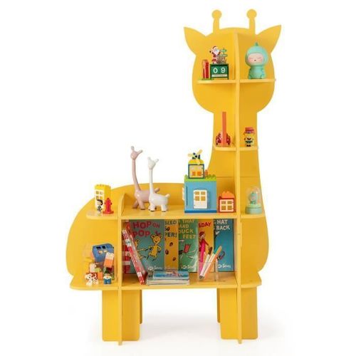 Costway Bibliothèque Enfant À 4 Niveaux En Forme Girafe - 10 Étagères Ouvertes Dispositif Anti-Basculement, 89,5x31x130cm, 3-12 Ans