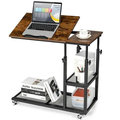 Costway Table D¿Appoint En Forme De C, Plateau Réglable, Roulettes Verrouillables, Cadre En Acier, Style Industriel, Brun