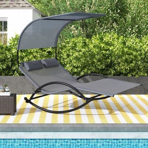 Costway Chaise À Bascule De Jardin 2 Places, 2 Appui-Têtes Amovibles, Chaise Longue 2 Personnes, Lit De Repos Ergonomique, Gris