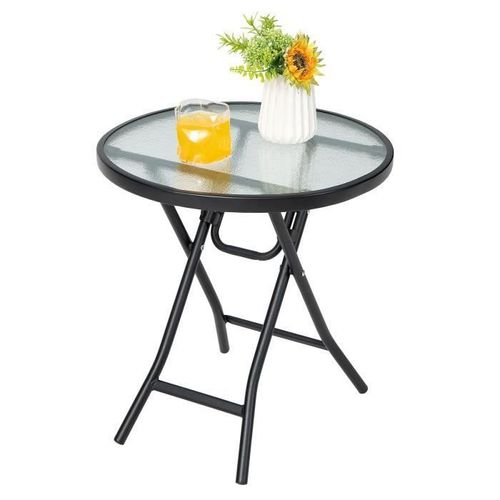 Costway Table De Jardin Bistro Pliante ¿46 X 47cm En Verre Et Acier Pour Intérieur Extérieur Patio Balcon Terrasse Charge 50 Kg Noir