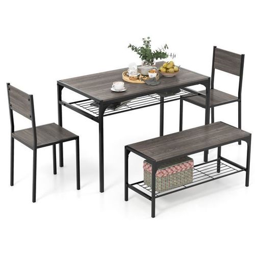 Costway Ensemble Table À Manger-1 Banc&2 Chaises Pour 4 Personnes, Avec Étagère De Rangement, Cadre En Métal, Gris
