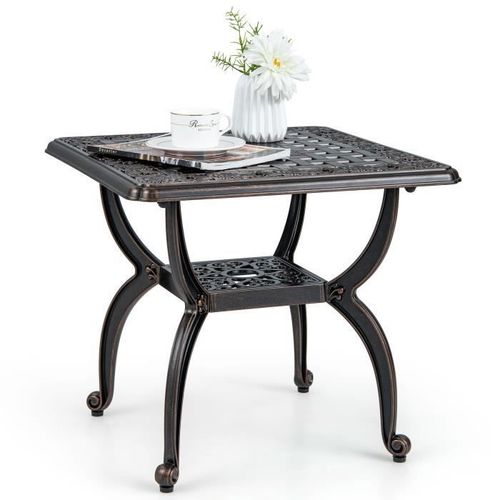 Costway Table De Jardin Carrée 53 Cm En Fonte D'aluminium, Table D'appoint Avec Étagère De Rangement, Pour Patio Piscine Terrasse