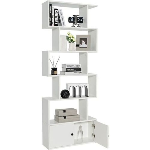 Costway Bibliothèque À 6 Niveaux Avec 2 Portes-70 X 23 X 183 Cm-Étagère De Rangement En Bois Forme En S-Style Moderne-Blanc