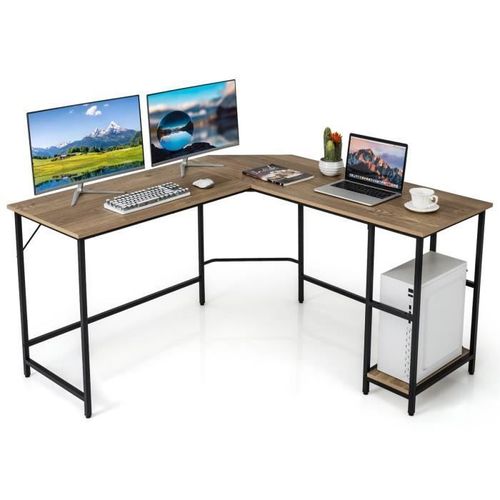 Costway Bureau D'angle Informatique En Forme L 138 Cm, Industriel Avec Structure En Acier Au Carbone, Étagère À 2 Niveaux, Naturel