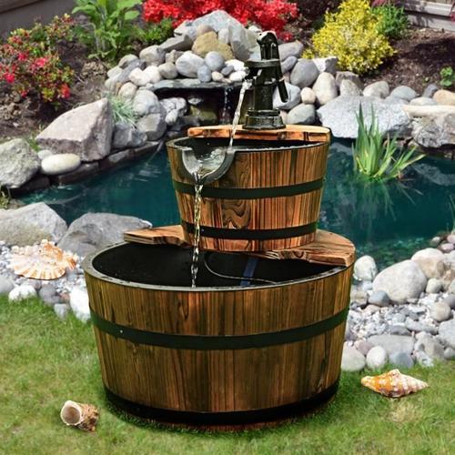 Costway Fontaine Décorative En Cascade Extérieur En Bois Avec Pompe 2 Etages Ecoulement D Eau Ajustable Capacité 19 L Style Rustique