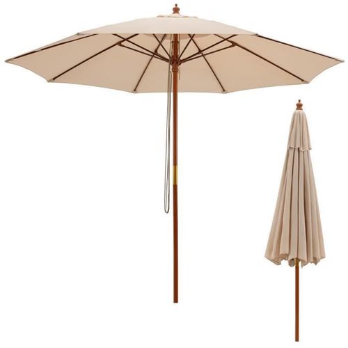 Costway Parasol De Jardin Pliable 2,9m Avec Mécanisme De Poulie À Corde Poteau En Bois 8 Baleines En Fibre De Verre Pour Cour Beige