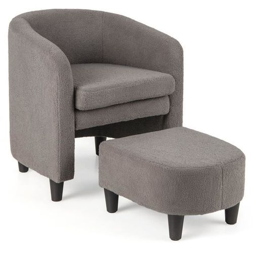 Costway Ensemble Fauteuil Rembourré Avec Repose-Pieds, Cadre En Bois Massif, Taille Du Siège 51 X 48 Cm, Pour Salon, Bureau, Gris